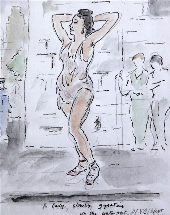 Adrian Daintrey (1902-1988) A lady slowly gyrating on the waterfront, New York City West 10.5 x 8.5in.